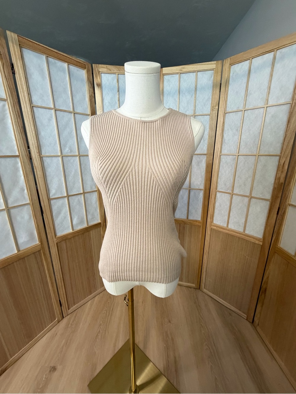 Sleeveless Ribbed Knit Tank Sweater - Beige